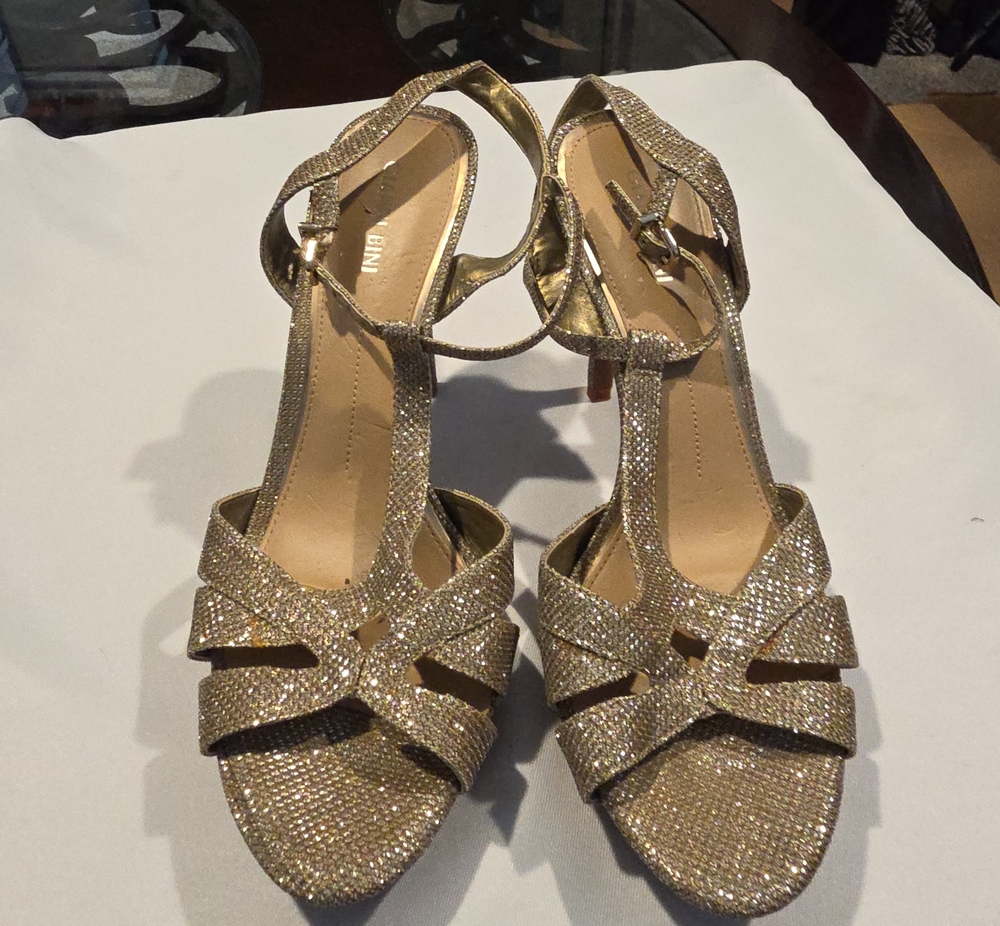 Gianni Bini Gold Glitter T-Strap Heels